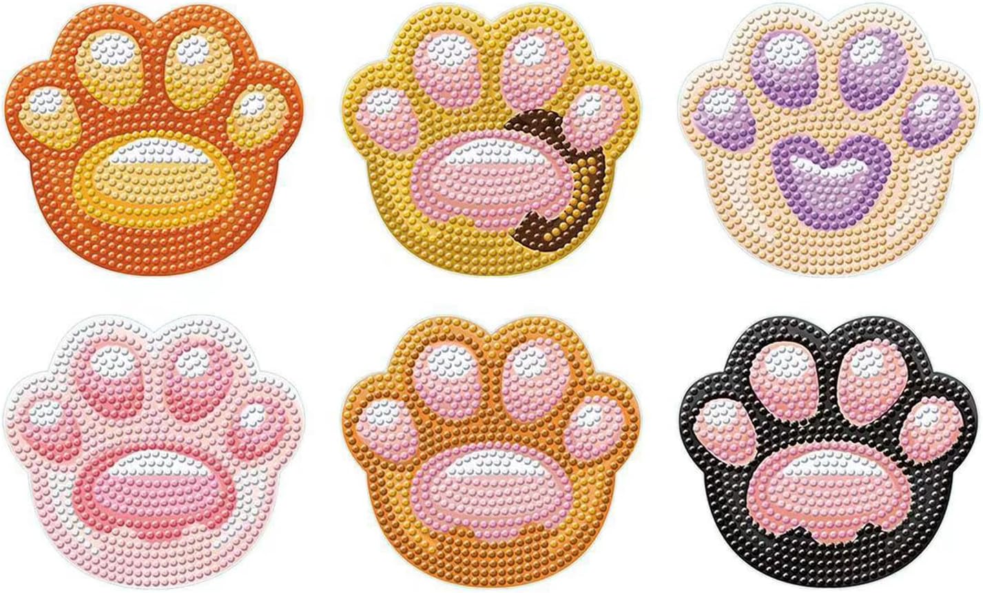 DOZEEZOP 6 PCS Diamond Art Coasters Kit, Diamond Painting Coasters, Fall Diamond Art Kits for Adults Beginners, Arts and Crafts Supplies Party Item Sets Not with Holder Cat's Paw