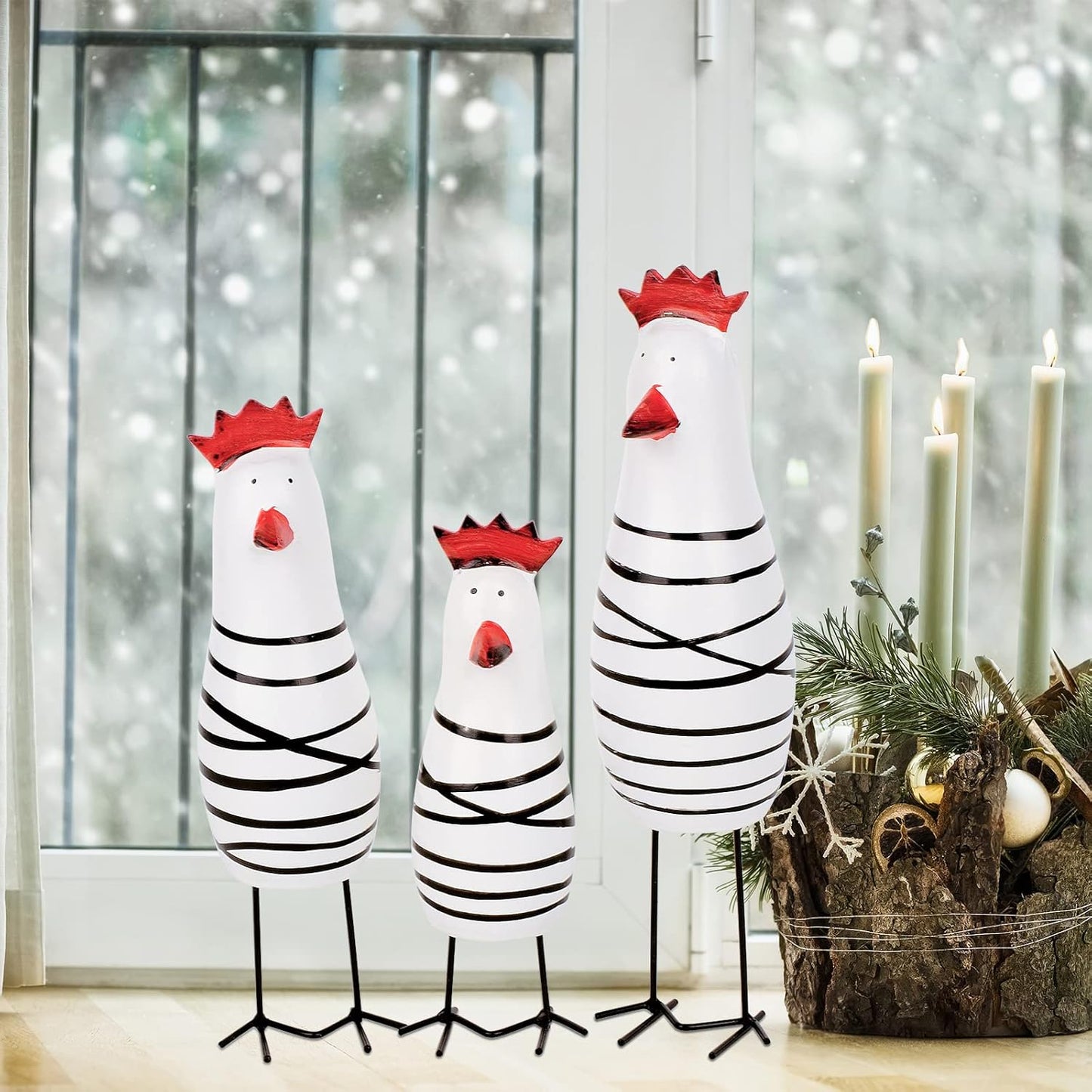 Berry President Cute Wood Wooden Chicken Chook Carving Figurines for Home Decor, Rooster Kitchen Decor, Living Room Decorations,Pack of 3 Pcs (White)