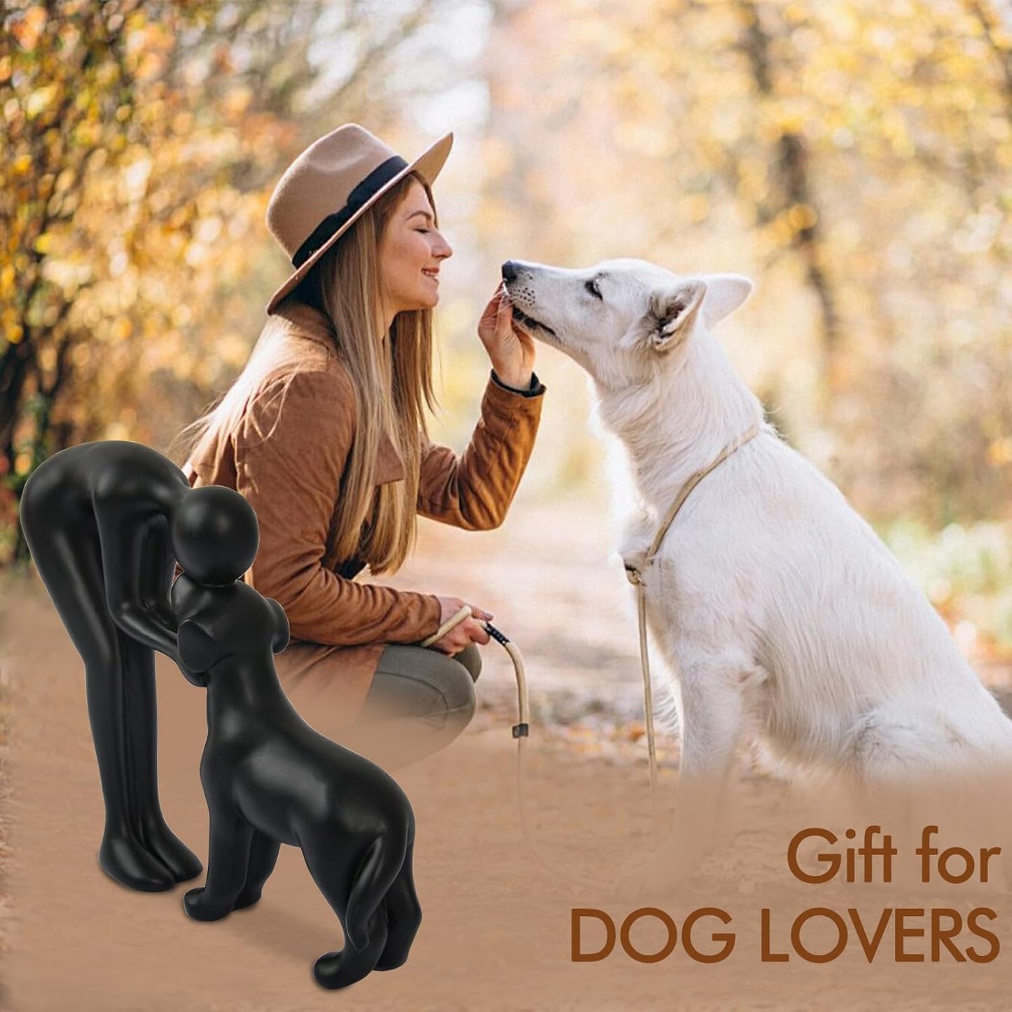 Dog Sculpture Home Decor Cute Man and Dog Statue Decoration for Office、Living Room、Bedroom、Home， Memory Gifts for Pet Lovers (Black)
