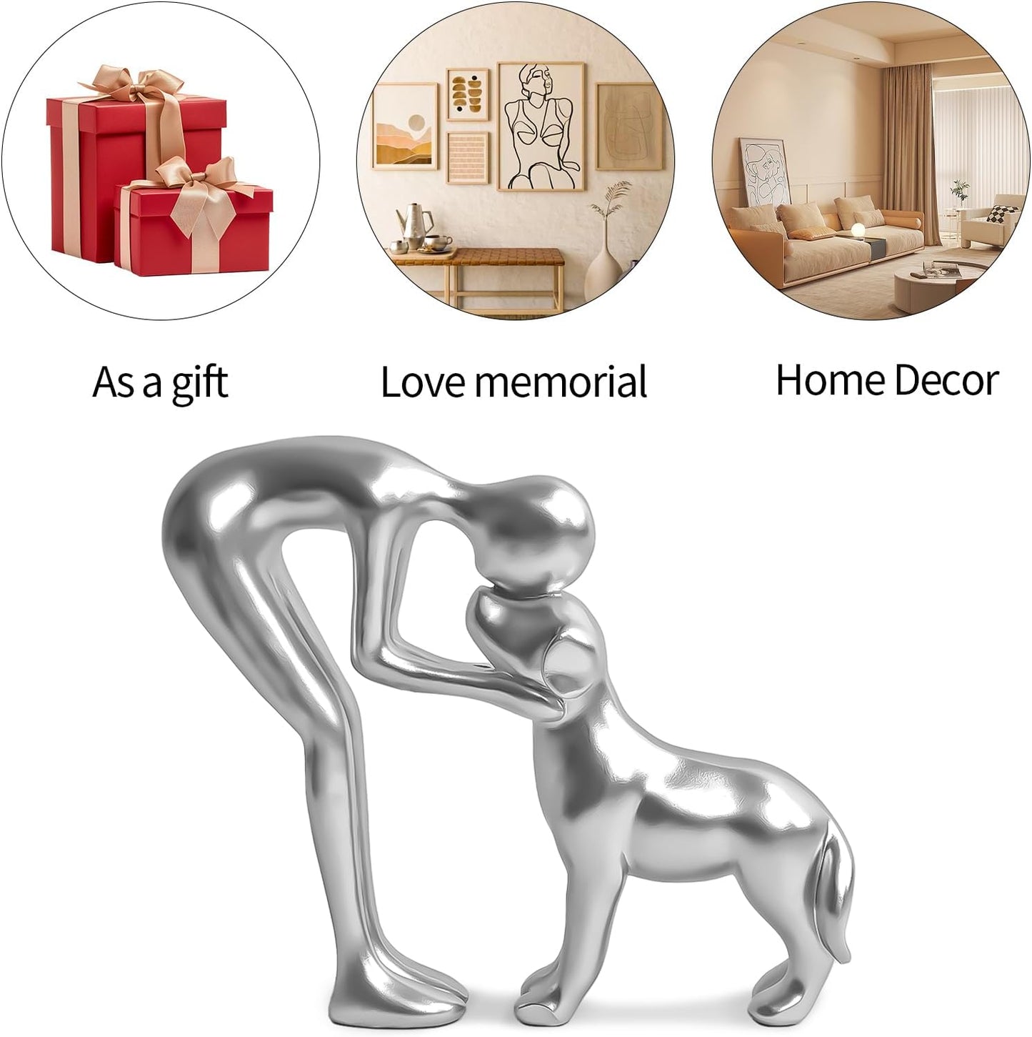 Cute Pet Sculpture Home Decor Man and Dog Statue Decoration for Office、Living Room、Bedroom、Home， Memory Gifts for Dog Lovers (Silver)
