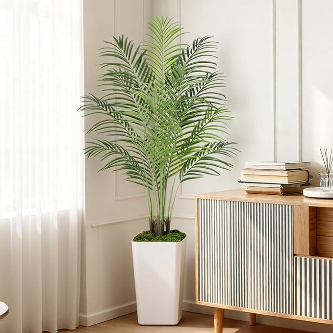 5ft Artificial Palm Tree with White Planter-Tall Artificial Indoor Plants, Fake Tropical Palm Tree, Faux Silk Plants for Home Office Living Room Bedroom Modern Decor