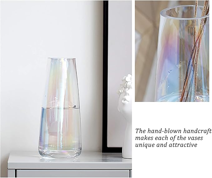FANTESTICRYAN Modern Glass Vase Irised Crystal Clear Glass Vase for Home Office Decor (Neon Clear)