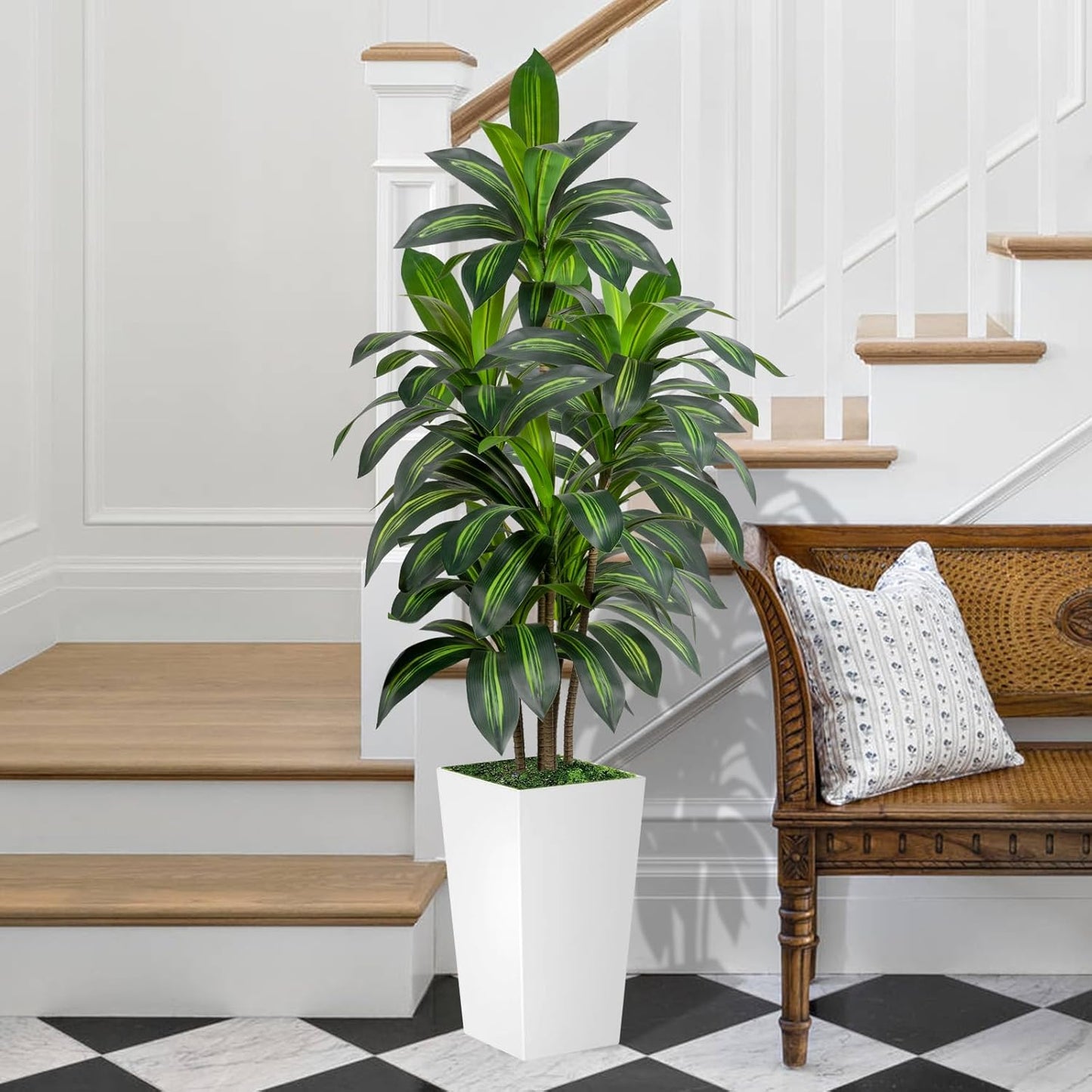 Dracaena Tree 5FT Artificial, 60in Tall Faux Dracaena Tree with 15.7 White Planter, Fake Potted Tree for Indoor & Outdoor Home Office Decor