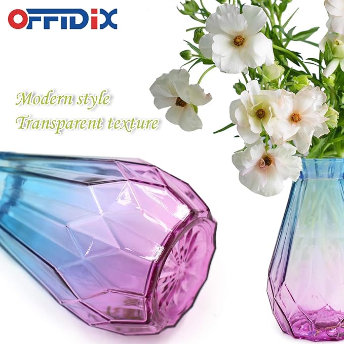 OFFIDIX Glass Vase Gradient Multicolor with Geometric Faceted Design Flower Vase for Weddings, Events, Decorating, Arrangements, Flowers, Office, or Home Decor
