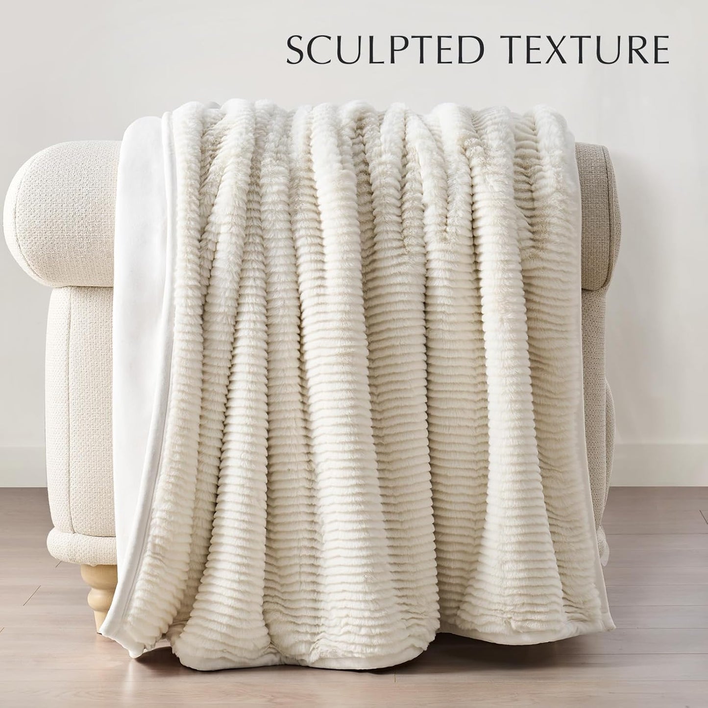 EVERGRACEHOME Ultra Soft Faux Fur Throw Blanket for Couch, Luxury Sculpted Texture Faux Rabbit Fur Blanket for Bed, Fluffy Thick Plush Warm Fuzzy Throw, 920GSM (Ivory White, 50''x60'')