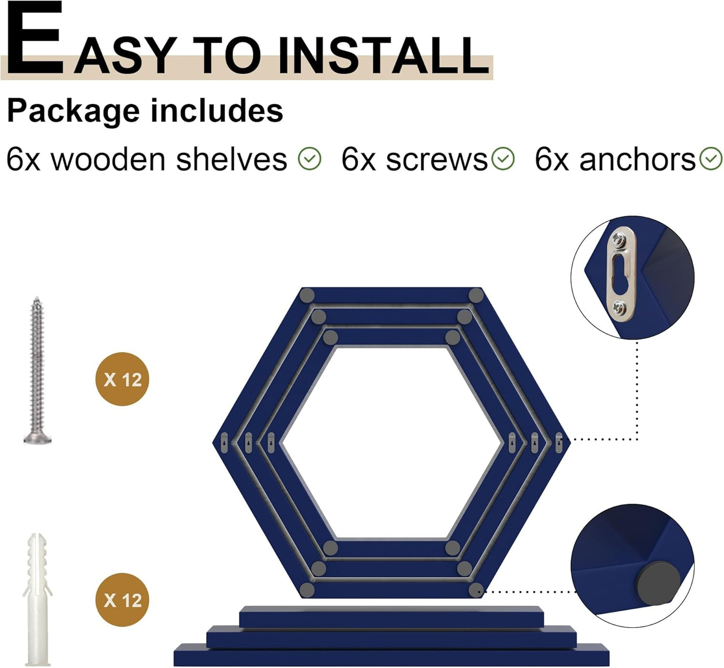 Hexagon Floating Geometric Honeycomb Shelves - Hexagon Floating Shelves Wall Mounted, Honeycomb Wall Shelves Set of 6, Geometric Floating Shelves for Wall Decor, Navy Blue Honey Comb Shelves for Home