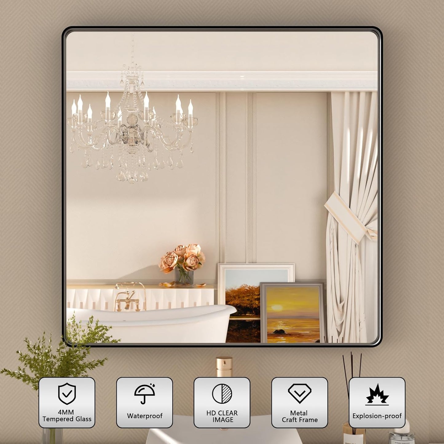 Black Metal Framed Bathroom Mirror 38X38 Inch,Matte Black Vanity Mirror,Tempered Glass,Round Corner,Farmhouse,Decorative Wall Mounted Rectangle Mirror