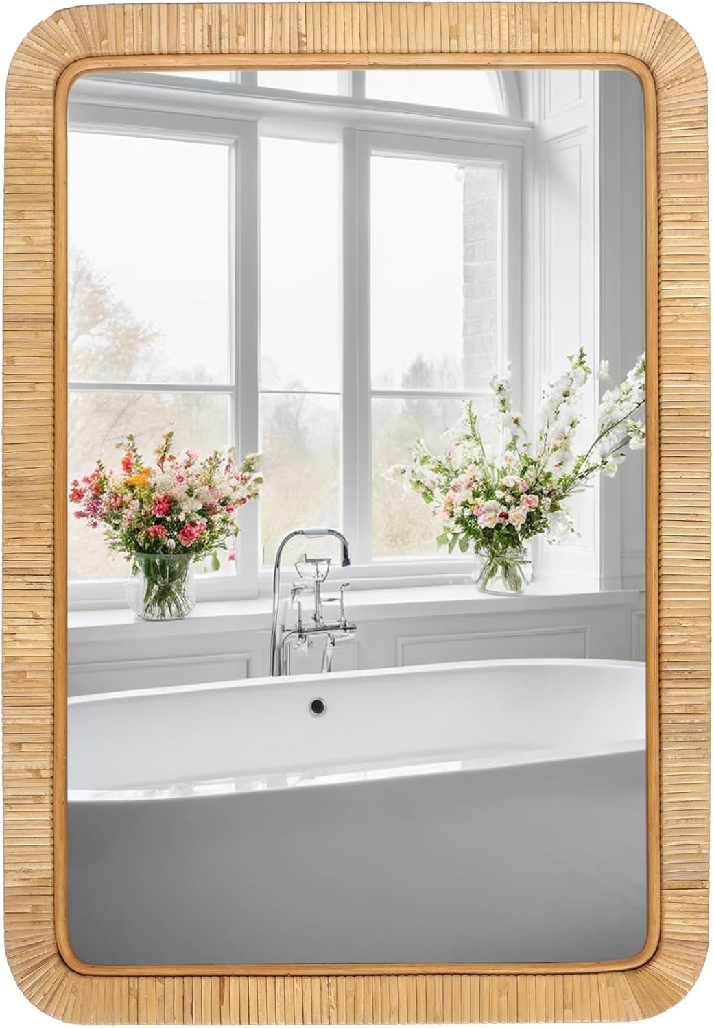 FUIN 20" x 30" Rattan Wicker Rectangle Wall Mounted Bathroom Mirror for Coastal Boho Nursery Decor, Natural