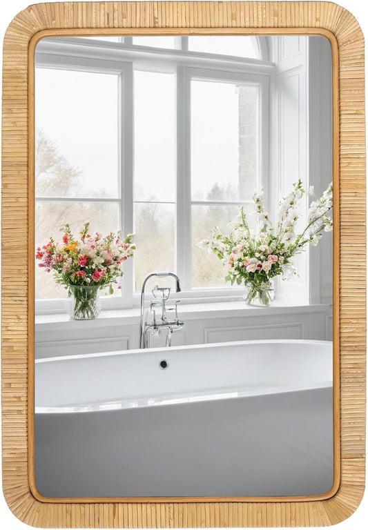 FUIN 20" x 30" Rattan Wicker Rectangle Wall Mounted Bathroom Mirror for Coastal Boho Nursery Decor, Natural