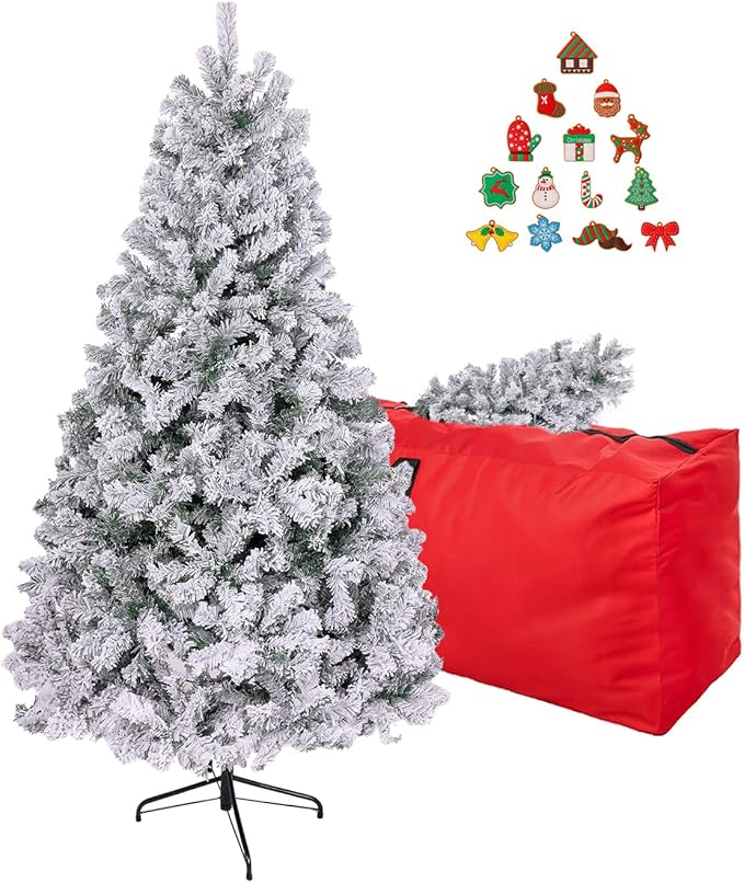 ULICO 5ft Snow Flocked Artificial Christmas Tree,Premium Spruce Xmas Tree with 600 Branch Tips, Fake Christmas Tree with Foldable Metal Base Stand,Home, Office,Party Decoration