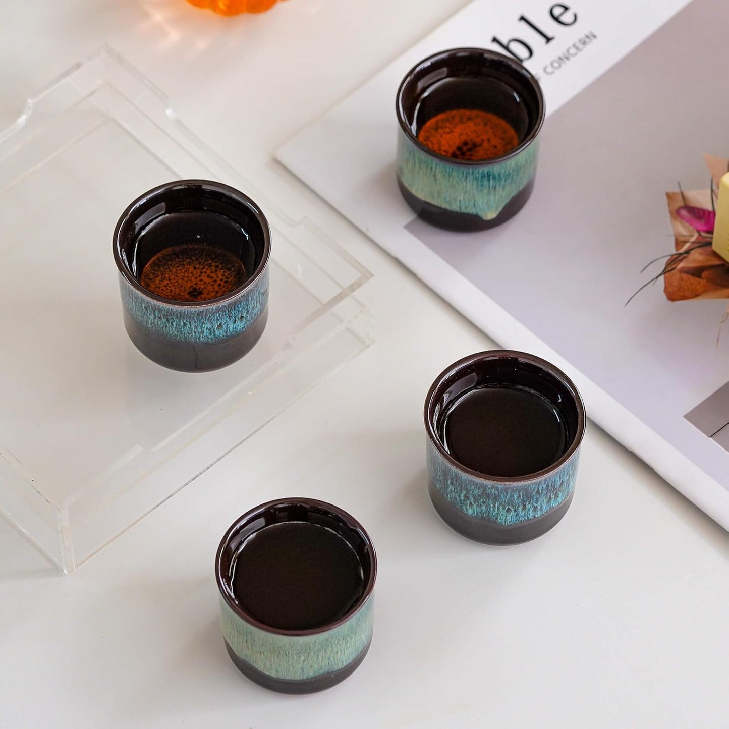 Espresso Cups Set of 2, Ceramic Espresso Cups, Expresso Shots Cups, 2.5oz Tea Cups, Demitasse Cups (4, full magic/full magic blue)