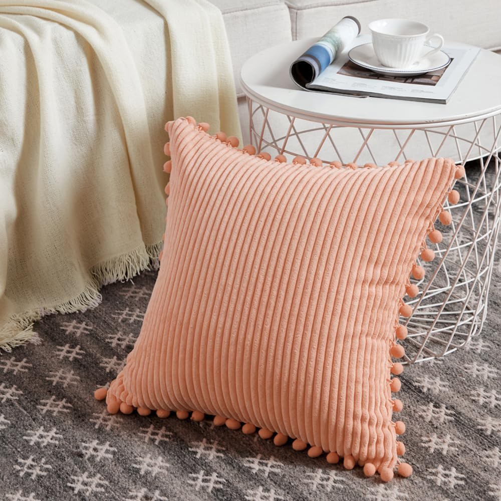 Fancy Homi Pack of 2 Peach Decorative Throw Pillow Covers 20x20 Inch with Pom-poms for Couch Bed Living Room, Farmhouse Boho Home Decor, Soft Corduroy Solid Coarl Square Cushion Case 50x50 cm