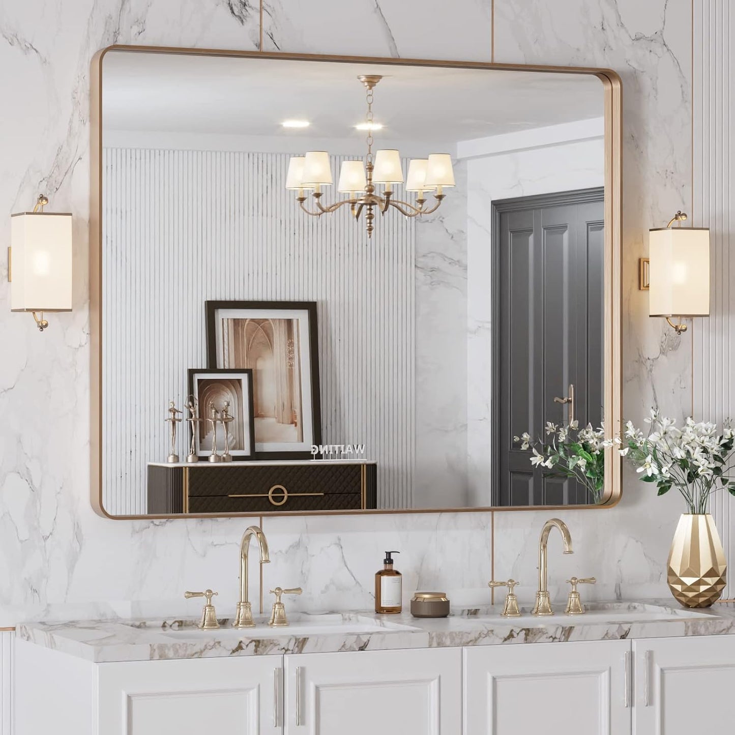 LOAAO 40"X32" Gold Bathroom Mirror, Rounded Rectangle Gold Frame Mirror, Brushed Gold Bathroom Vanity Mirror Wall-Mounted, Anti-Rust, Tempered Glass, Hangs Horizontally or Vertically