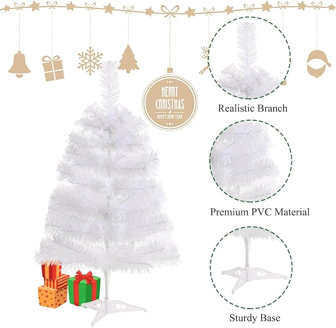 2FT Artificial Christmas Tree White Tabletop Christmas Tree with Plastic Stand Mini Xmas Pine Tree for Party Supplies Indoor Outdoor Holiday Home Decoration(White)