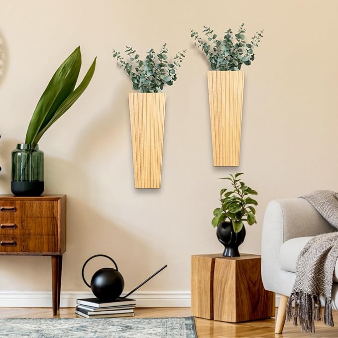 2PCS Wood Wall Planter for Indoor Plants, Wooden Hanging Planter for Dried Flowers and Artificial Greenery Plants, Modern Farmhouse Wood Wall Decor for Living Room,Bedroom,Bathroom(Natural)