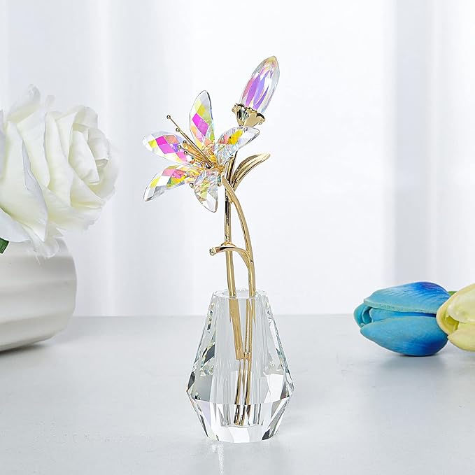 LONGWIN Crystal Artifical Tiger Lily Flowers with Vase - AB Coated Crystal Collectible Figurines Blooming Fake Lily Flower Home and Wedding Decor