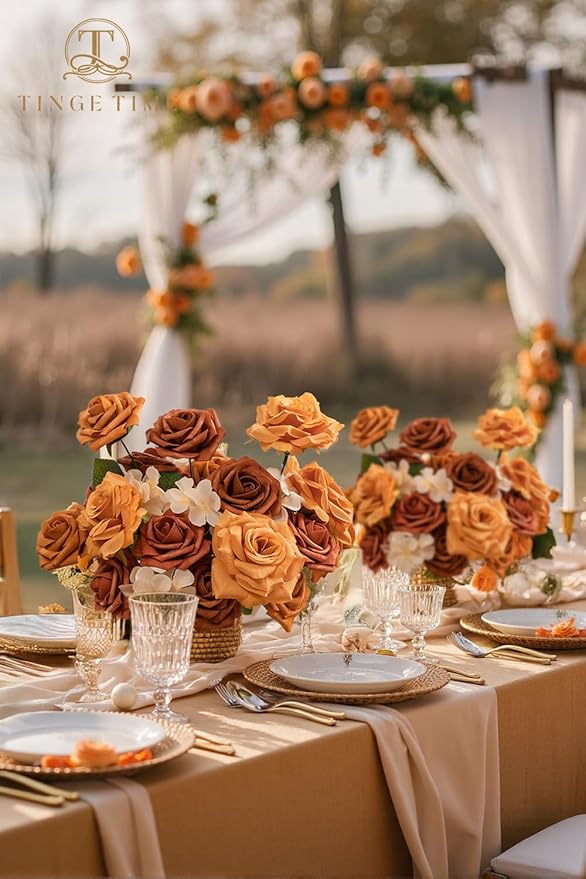 TINGE TIME Artificial Flowers Combo Set, Gradient Color Flower Leaf with Stems for DIY Wedding Bouquets Centerpieces Baby Shower Party Home Decorations(Orange and White)