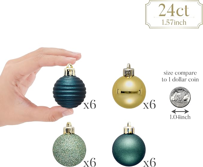 Valery Madelyn 1.57 Inches Small Christmas Tree Decorations Ornament Set for Fall Halloween, 24ct Teal Green and Gold Shatterproof Hanging Ball Ornaments Holiday Party Decor