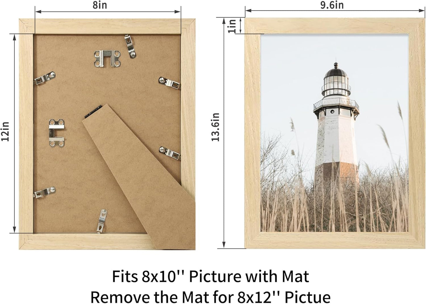 iRahmen 8x12 Picture Frame Set of 2, Wood Photo Frame with HD Glass - Display Picture 6x8 with Mat or 8 x 12 without Mat for Horizontal or Vertical Tabletop and Wall Mounting