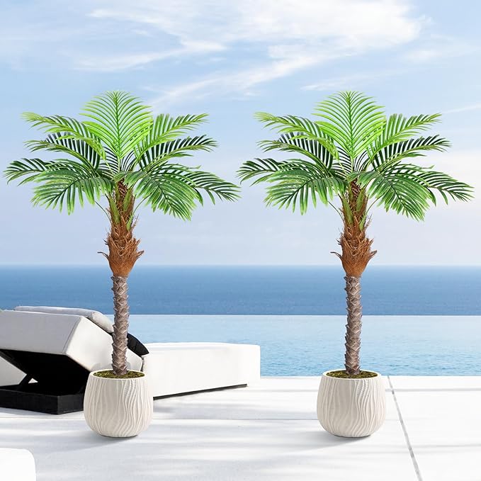 5ft Artificial Phoenix Palm Tree for Outdoor Indoor Decor, Faux Coconut Silk Palm Tree Tropical Fake Tree Plant for Outside Patio Indoor Home Office Bathroom Pool Coastal Decor (Set of 2)
