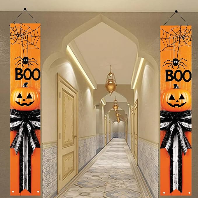 2PCS Halloween Porch Banner Boo Spider Pumpkin Signs 71 x 12 Inch Halloween Front Door Hanging Decor Outdoor Indoor Wall Decorations for Party Entryway Supplies