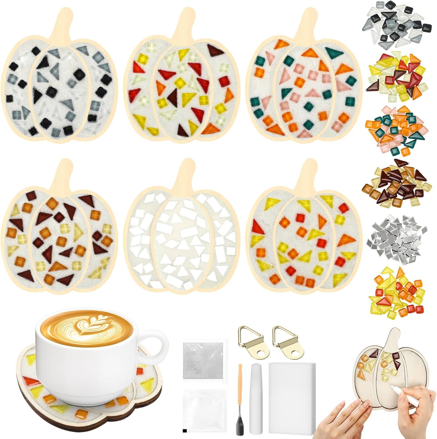 Honeydak 6 Sets DIY Glass Mosaic Tiles with 6 Wooden Coasters Making Mosaic Crafts Material Package Mixed Stained Glass for Handmade Colorful Home Decor Gift Indoor(Pumpkin,Warm Color)