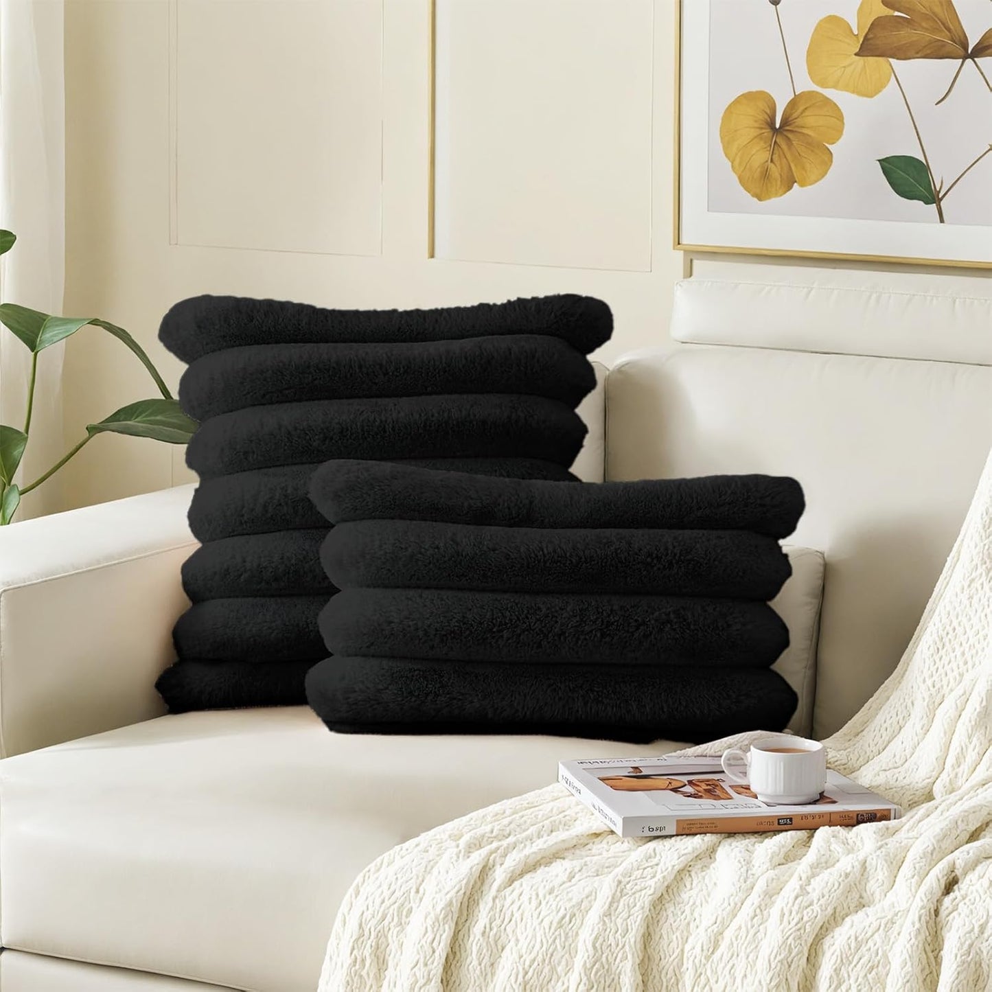 HAUSSY Faux Fur Throw Pillow Covers 22x22 Inch Set of 2,Decorative Striped Neutral Pillow Cases Soft Plush Couch Pillow Covers,Home Decor for Sofa,Bed, Living Room,Black