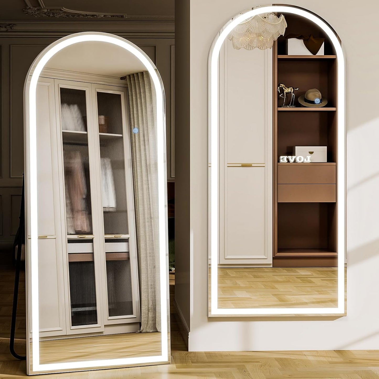 GLSLAND 26"x68" Arched LED Full Length Mirror with Lights Wall Mounted/Standing, Dimmable Floor Lighted Mirrors W/Anti-Fog, Touch Control for Bedroom, Dressing Room