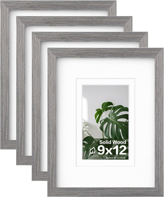 Egofine 9x12 Picture Frames Set of 4, Made of Solid Wood Covered by Plexiglass 5x7 and 6x8 with Mat or 9x12 without Mat, for Table Top Display and Wall Mounting Photo Frame Light Grey