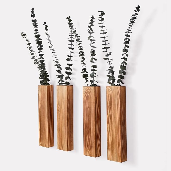 4-Pack Wood Wall Planters for Fake Plants and Dried Flowers Stems, 12" Slim Modern Wooden Vases Wall Decor for Living Room, Bedroom, Bathroom, Apartment