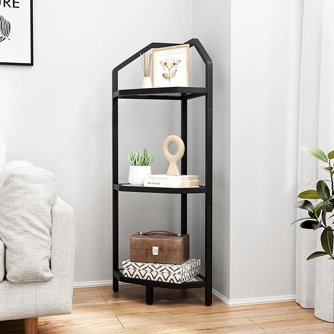 3-Tier Corner Shelf Stand, Black Corner Bookshelf, Bathroom Storage Rack Shelf, Plant Rack, Tempered Glass, Steel Frame, Modern Style for Living Room, Bathroom, Kitchen, Metallic Black