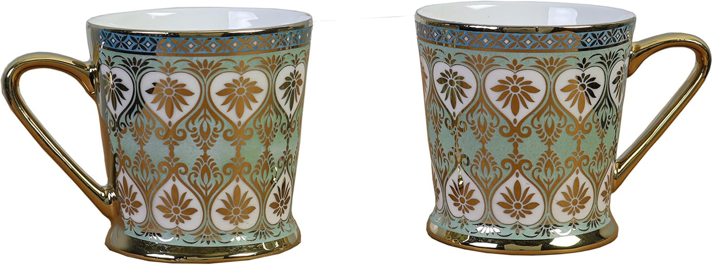 Handcrafted Ceramic Coffee Mugs - Indian Golden Tea Set of 6 (5.5 oz), Cappuccino & Latte Cups, Porcelain Tea Set