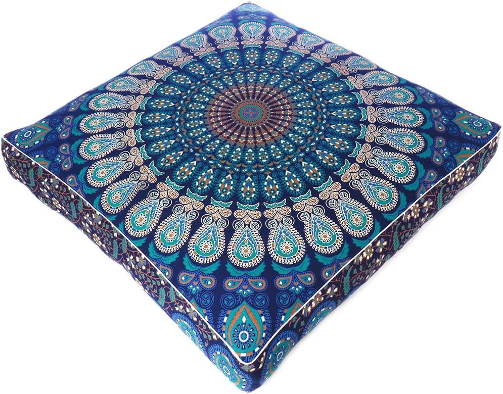 Eyes of India - Mandala Floor Pillow Cover Meditation Cushion Seating Throw Hippie Round Colorful Decorative Bohemian Indian Pouf Ottoman Handmade Cover ONLY (Dark Blue-1, 35" x 35")