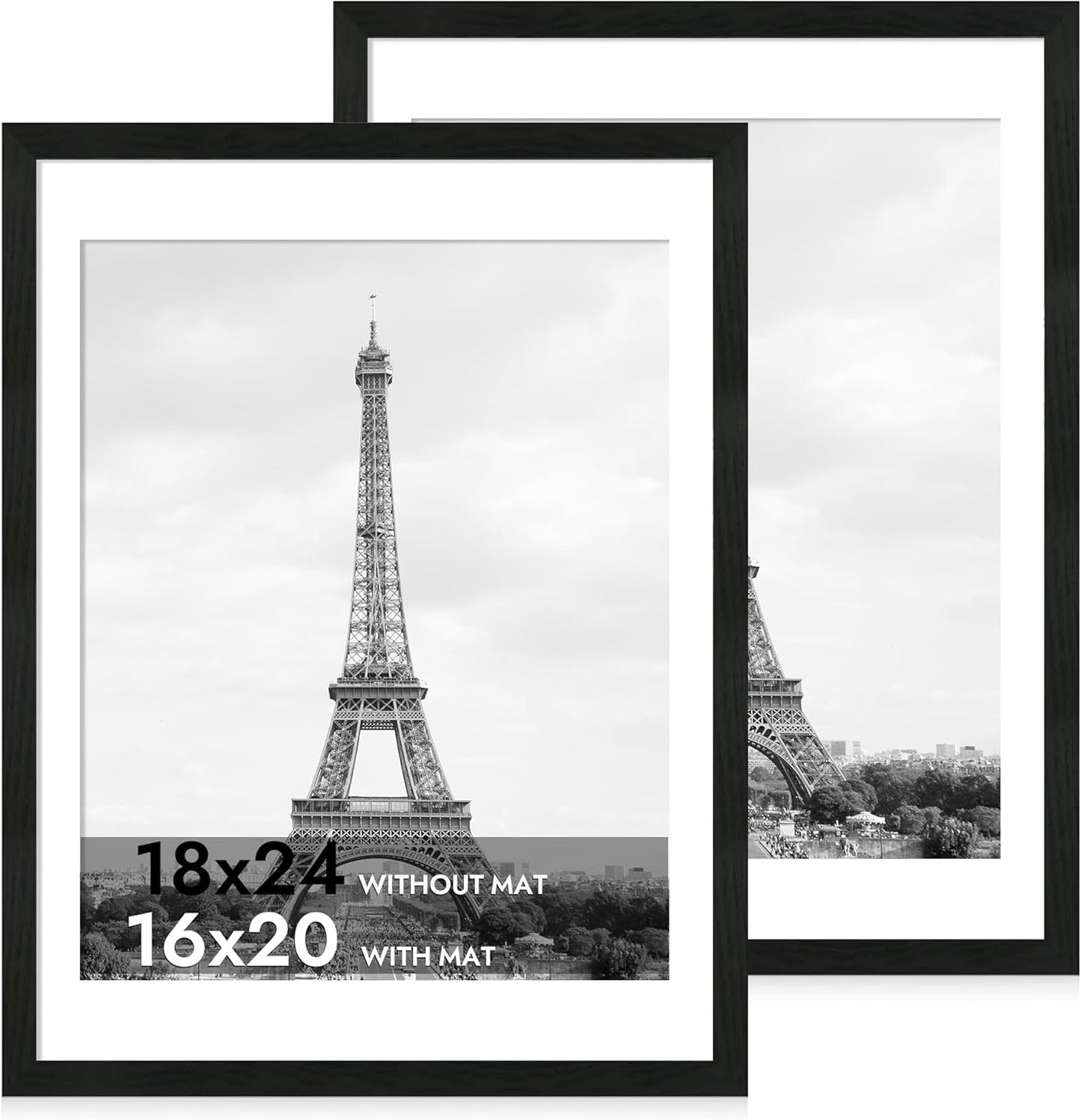 iRahmen 18x24 Picture Frame Set of 2 with Plexiglass, Black Poster Frame Display 16x20 Picture with Mat or 18 x 24 Without Mat, Wood Photo Frame for Gallery Wall Mounting Horizontal and Vertical