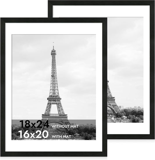 iRahmen 18x24 Picture Frame Set of 2 with Plexiglass, Black Poster Frame Display 16x20 Picture with Mat or 18 x 24 Without Mat, Wood Photo Frame for Gallery Wall Mounting Horizontal and Vertical