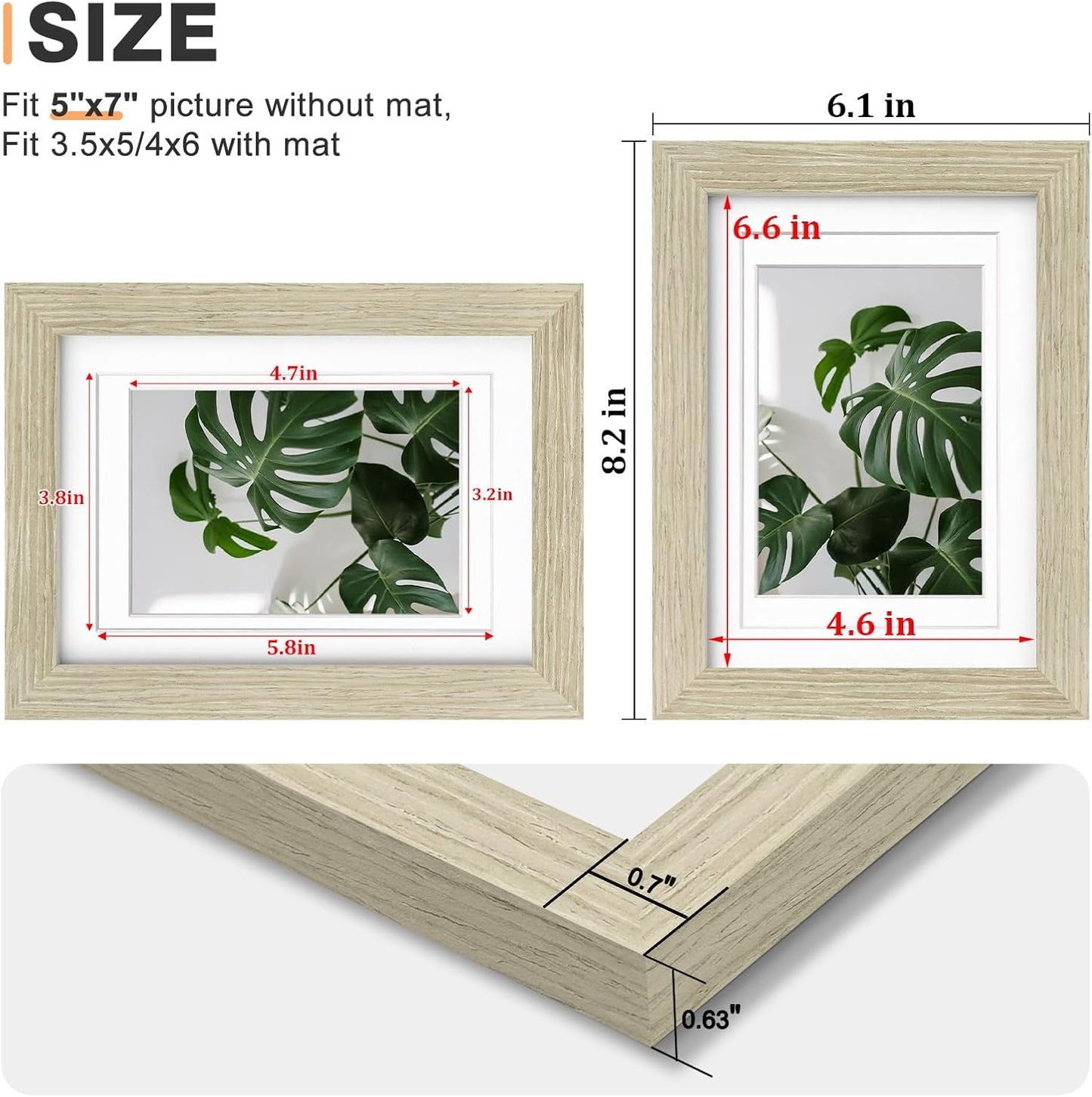 Egofine 5x7 Picture Frames Set of 4, Made of Solid Wood Covered by Plexiglass 3.5x5 and 4x6 with Mat or 5x7 without Mat, for Table Top Display and Wall Mounting Photo Frame Distressed Wood Grain