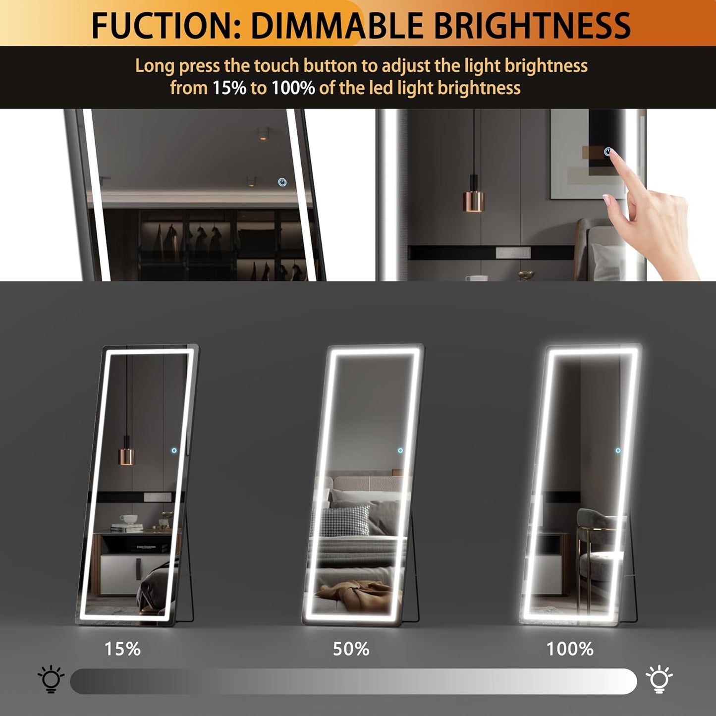 Hasipu Full Length Mirror with Lights, 61" x 22" LED Floor Mirror, Full Body Dressing Standing, Hanging Mounted Mirror for Living Room Bedroom Cloakroom, Round Black