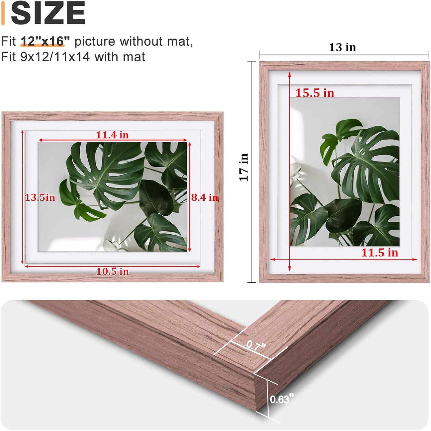 Egofine 12x16 Picture Frames Set of 4, Made of Solid Wood Covered by Plexiglass 9x12 and 11x14 with Mat or 12x16 without Mat, for Wall Mounting Photo Frame Peach Pink