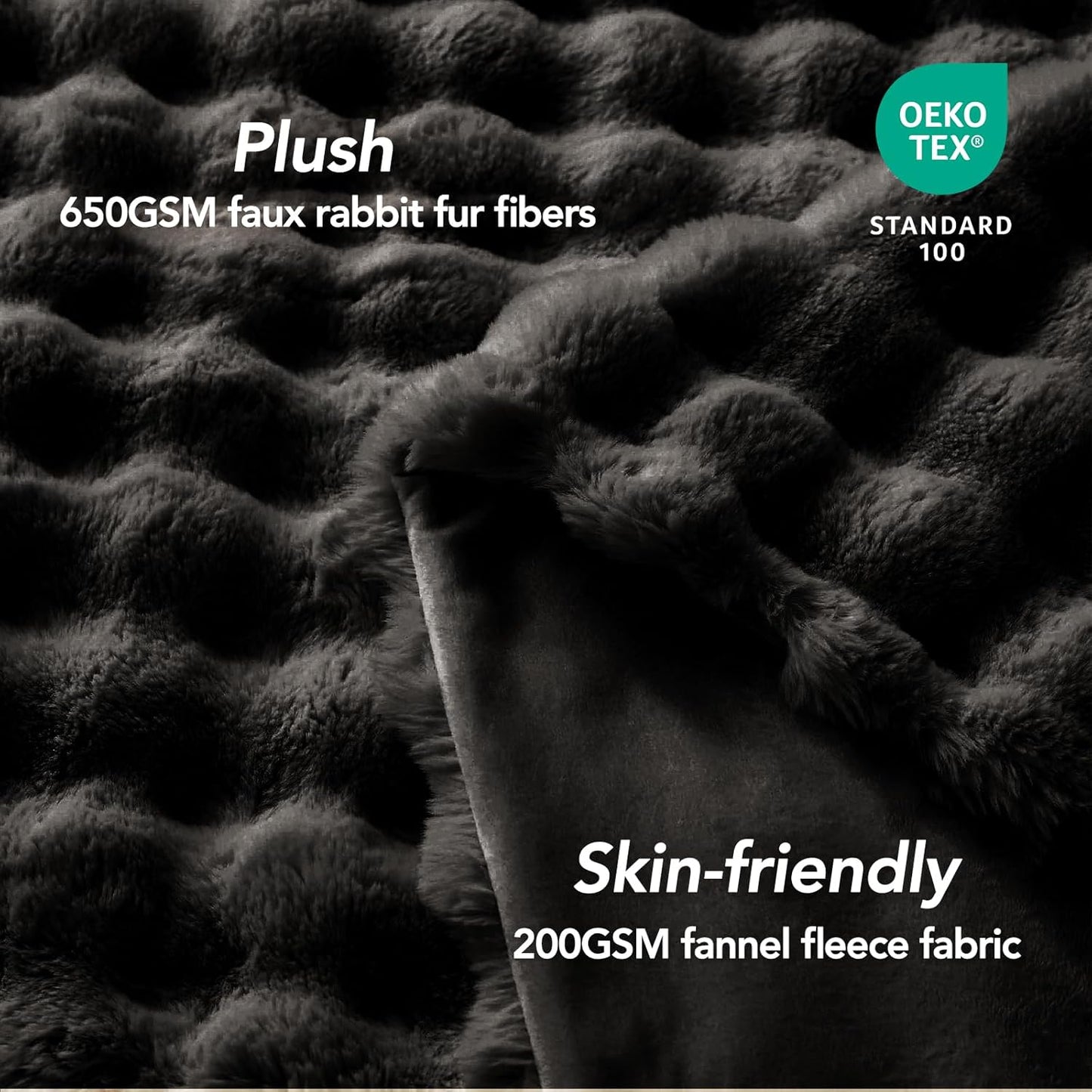 L'AGRATY Faux Rabbit Fur Blanket: 60" x 80" Twin Luxury Soft Fluffy Thick Fur Throw Blanket for Couch Bed Sofa - Cozy Plush Bubble Blankets for Winter: Flannel Fleece Decorative Blanket(Black)