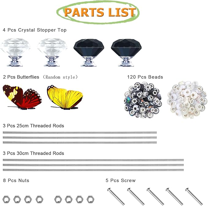 145 PCS Beaded Garden Stakes Kit, DIY Fairy Wand Garden Stake Beads Kits with Assortment Large Hole Beads 4 Crystal Stopper Top 2 Butterfly Tops and Threaded Rods for Outdoor Indoor Decor