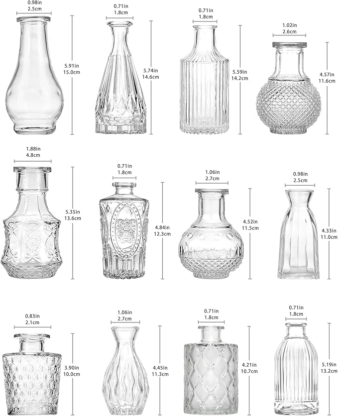 Glass Bud Vases Set of 12, Vintage Small Vases for Flowers, Clear Crystal Mini Glasses in Bulk, Small Flower Design for Centerpieces Wedding Decorations Home Flower Party Decor