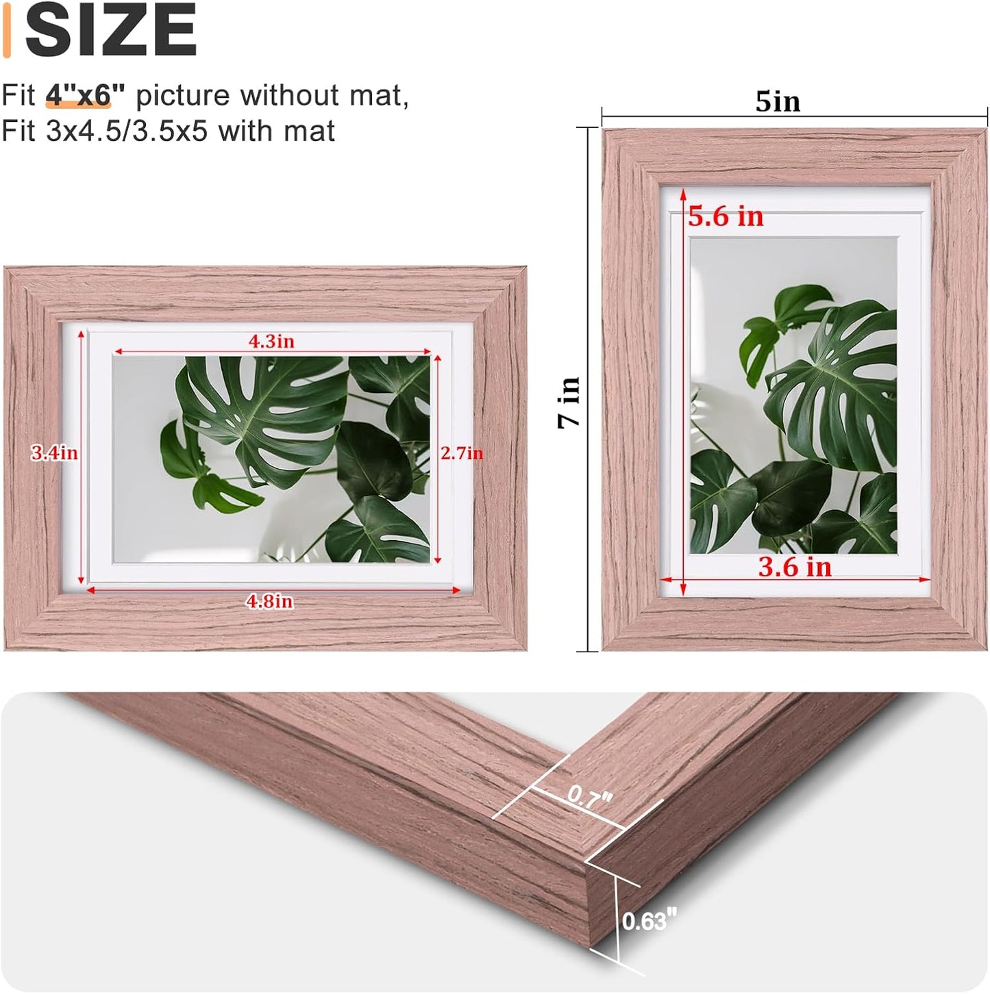 Egofine 4x6 Picture Frames Set of 4, Made of Solid Wood Covered by Plexiglass 3.5x5 with Mat or 4x6 without Mat, for Table Top Display and Wall Mounting Photo Frame Peach Pink