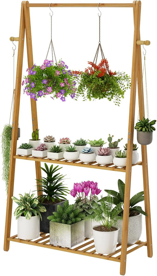Hanging Plant Shelf Indoor Outdoor Plant Stands Wood Flower Stand 2 Tiered Bamboo Plant Shelves Holder Rack for Patio Balcony Garden (Tall,50 inch)