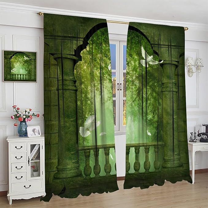 Gothic Blackout Curtains，Fantasy Ancient Balcony Doves Pattern Drapes Window 2 Panel Rod Pocket Curtain for Bedroom Living Room Decor 36" W X 63" L