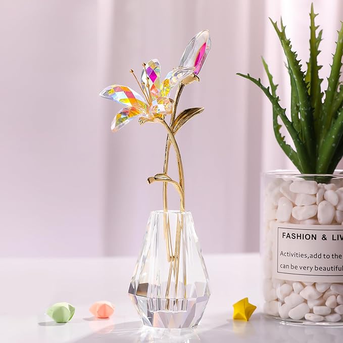 LONGWIN Crystal Artifical Tiger Lily Flowers with Vase - AB Coated Crystal Collectible Figurines Blooming Fake Lily Flower Home and Wedding Decor