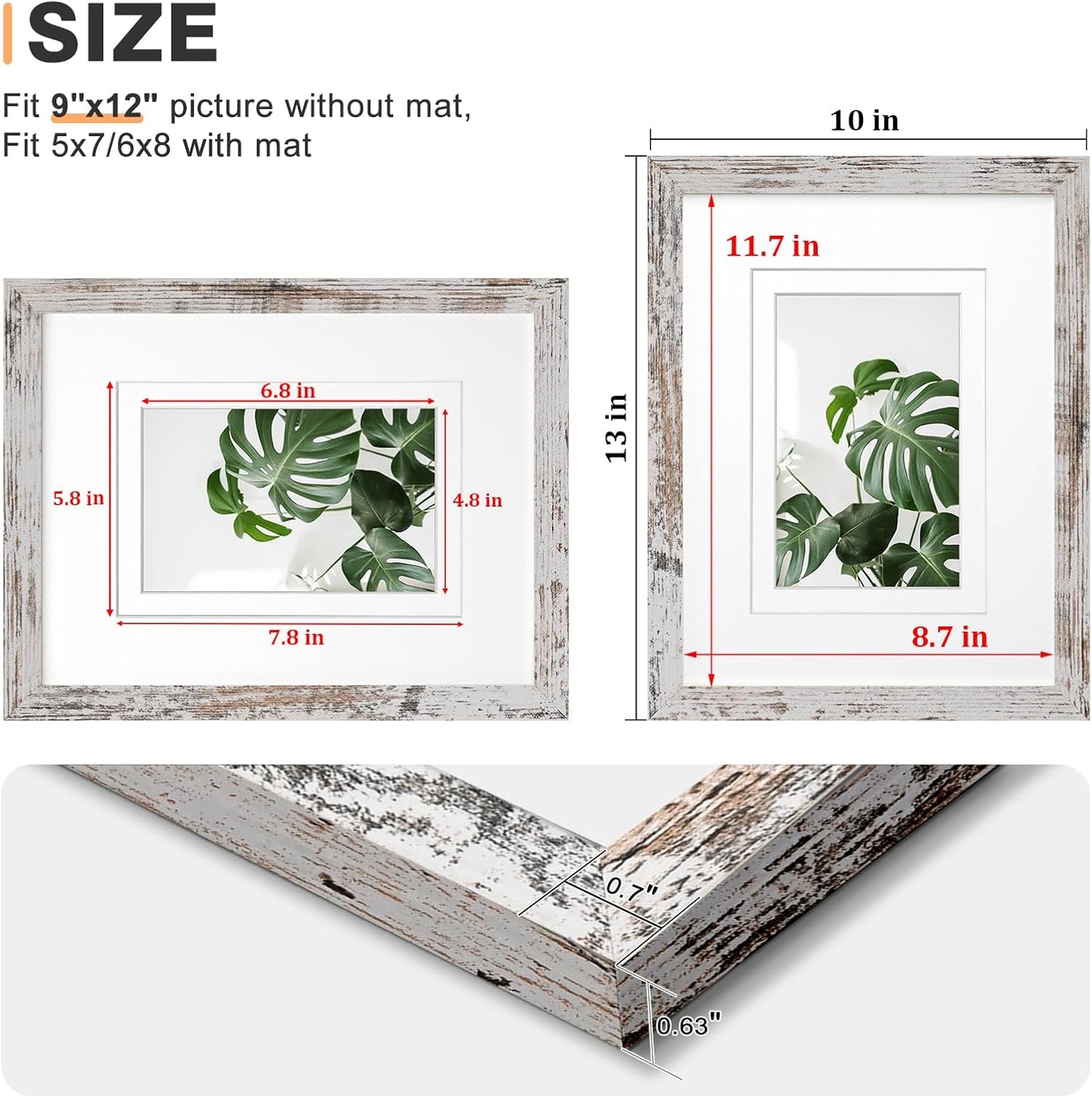 Egofine 9x12 Picture Frames Set of 4, Made of Solid Wood Covered by Plexiglass 5x7 and 6x8 with Mat or 9x12 without Mat, for Table Top Display and Wall Mounting Photo Frame Rustic Green