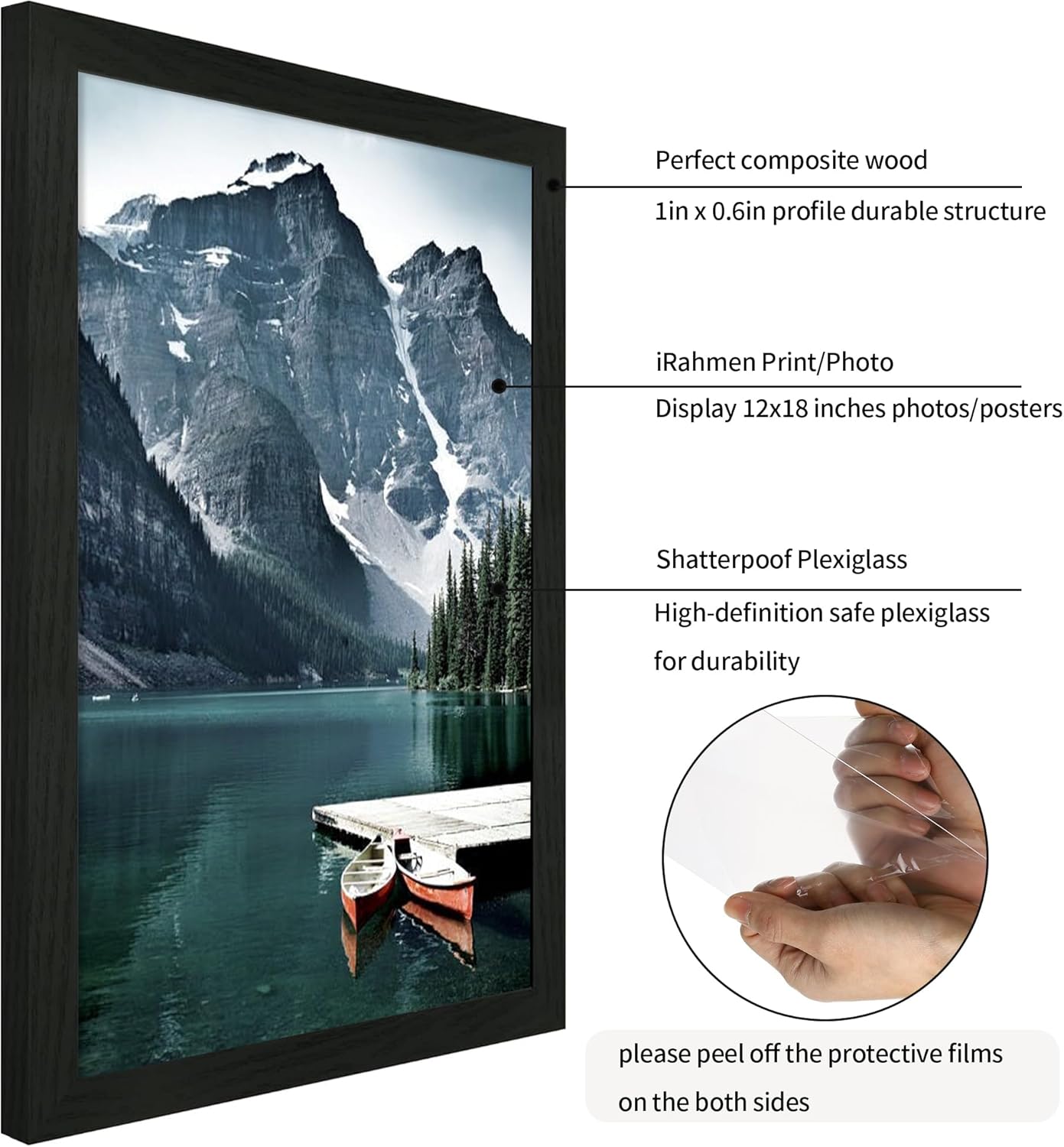 iRahmen 12x18 Picture Frame Set of 2 with Plexiglass, Black Wood Poster Frames for Photo Gallery Wall Mounting Horizontal and Vertical