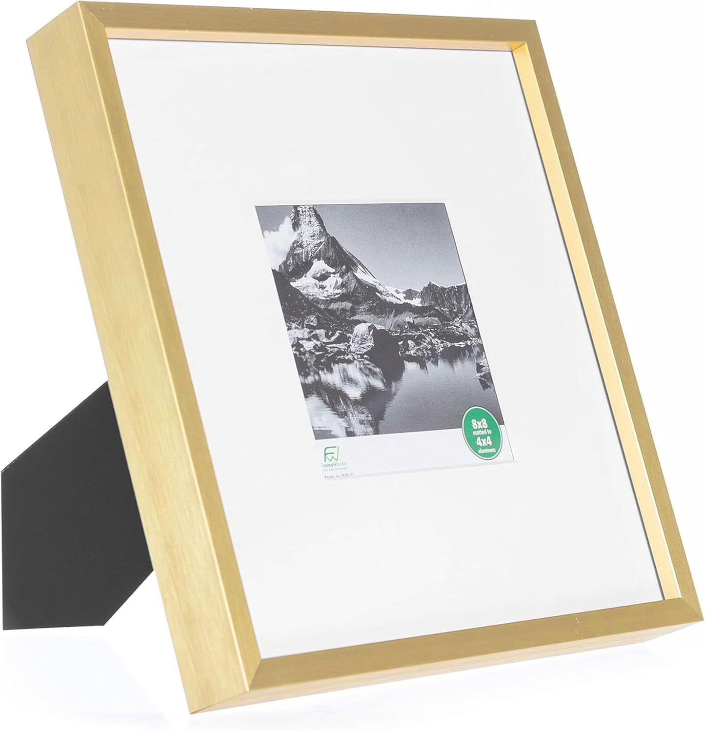 FrameWorks 8x8 Matted to 4x4 Picture Frame – Aluminum Frame w/Tempered Glass, Removable Mat for Photos, Posters, Art, Stylish Wall Frame for Home Decor, Gallery Walls, Office, Living Room - Gold