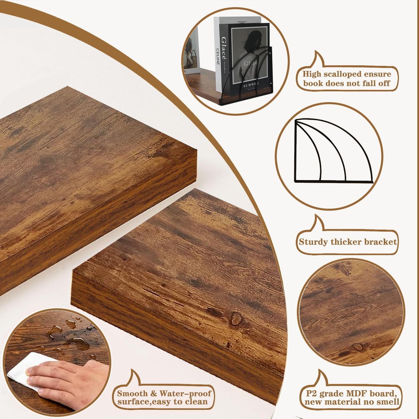 Long 36 inch Rustic Brown Floating Book Shelves for Wall - Curved Fan-Shaped Design with Built-in Anti-Slip Book Stops|0.71" Thick MDF Heavy Duty Floating Bookshelves|Wall Bookshelf for Books Set of 2