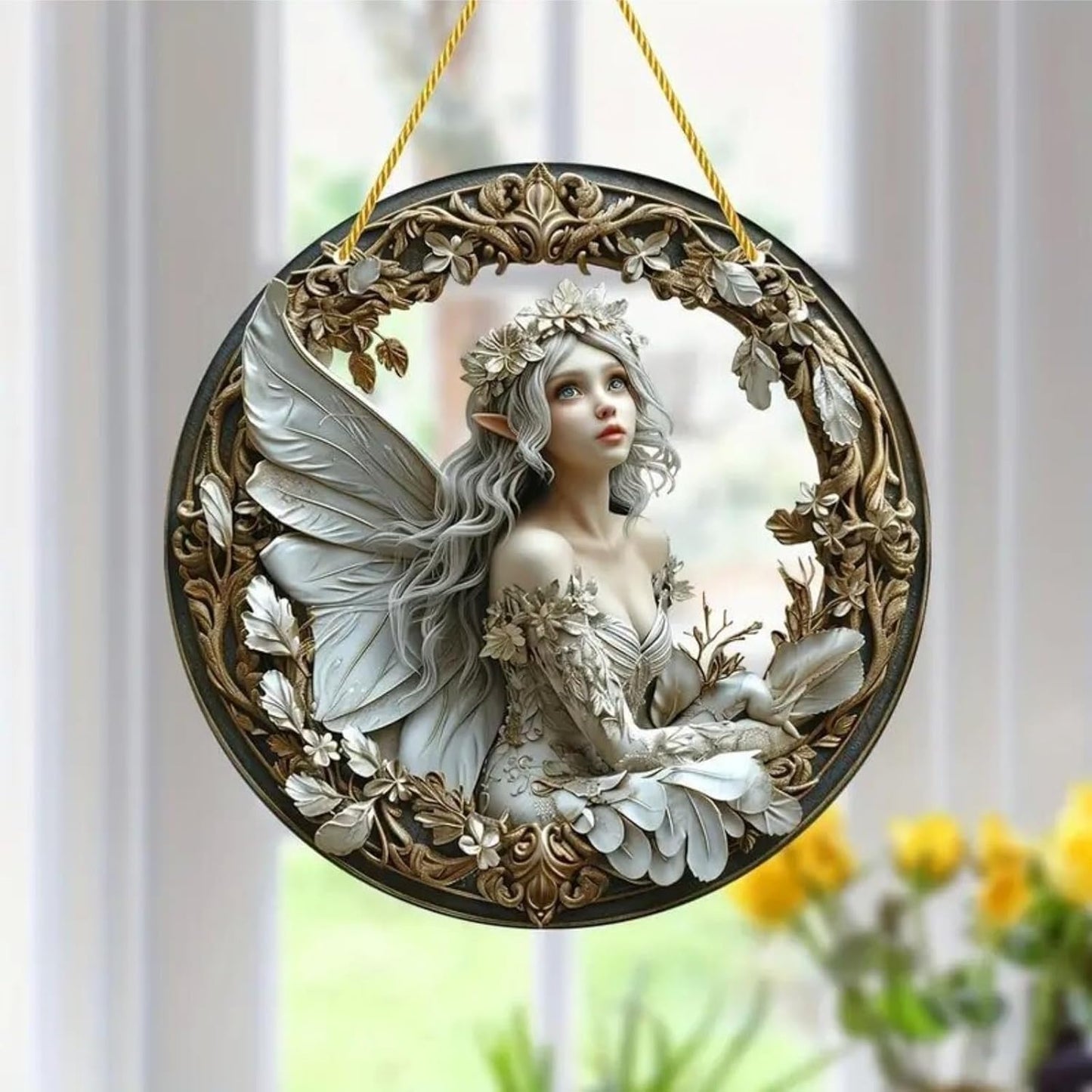 Flower Fairy Garden Decorations Angel Wing Christmas Halloween Deco Statue Art Elf Sculpture Hanging Craft for Outdoor Yard Courtyard Lawn Patio Window Acrylic Ornament Home Gift (D,S: 6*6 IN)